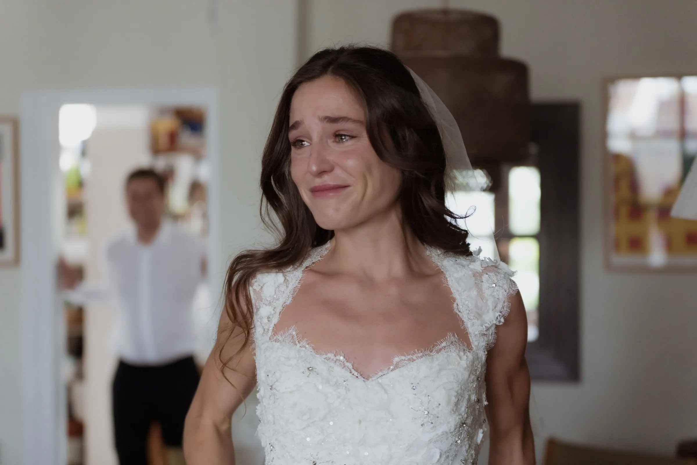 Bride in tears of joy in her lace dress as she gets ready, Barbillón, Marbella