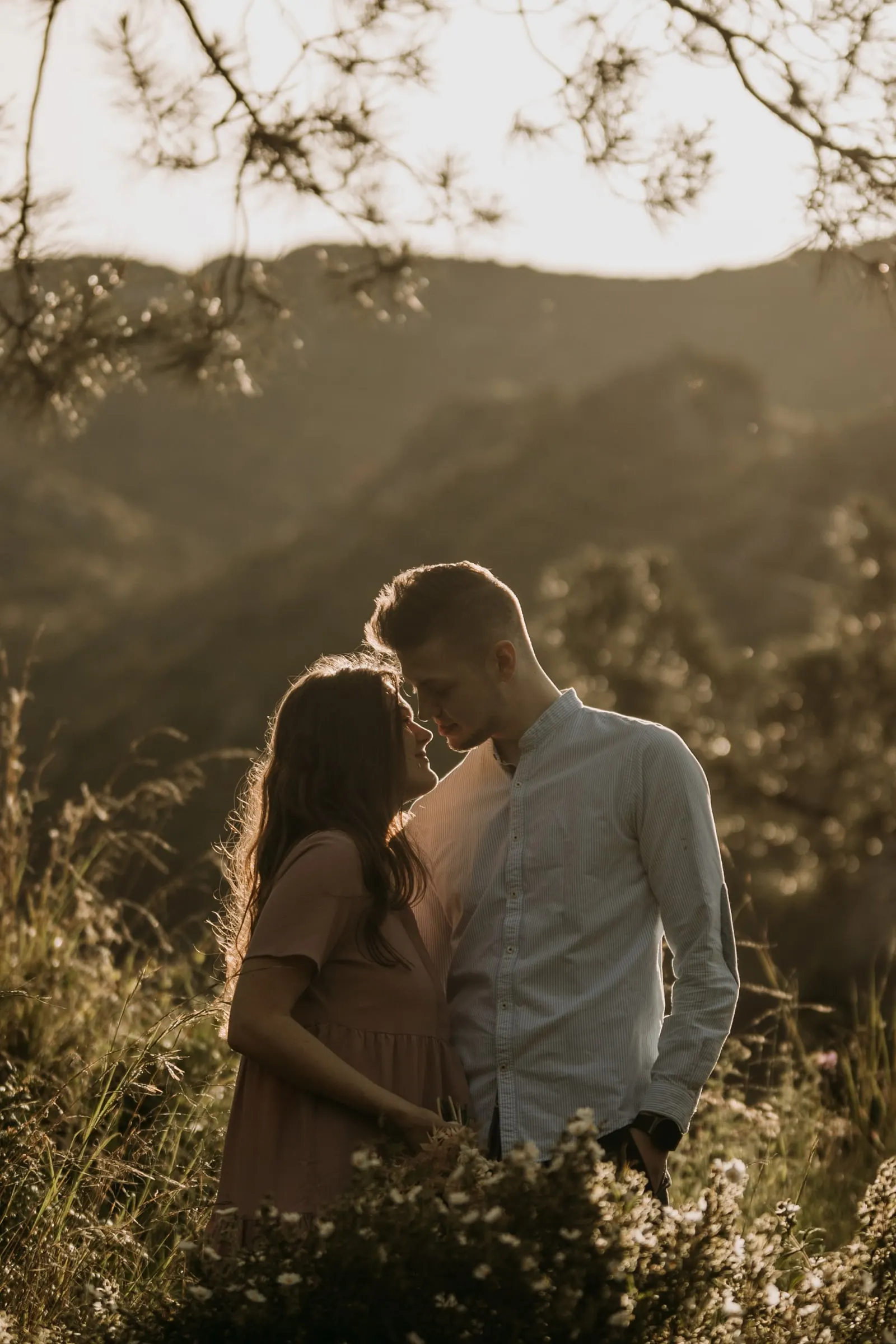 Couple forehead to forehead under pine branches, a wooded valley behind