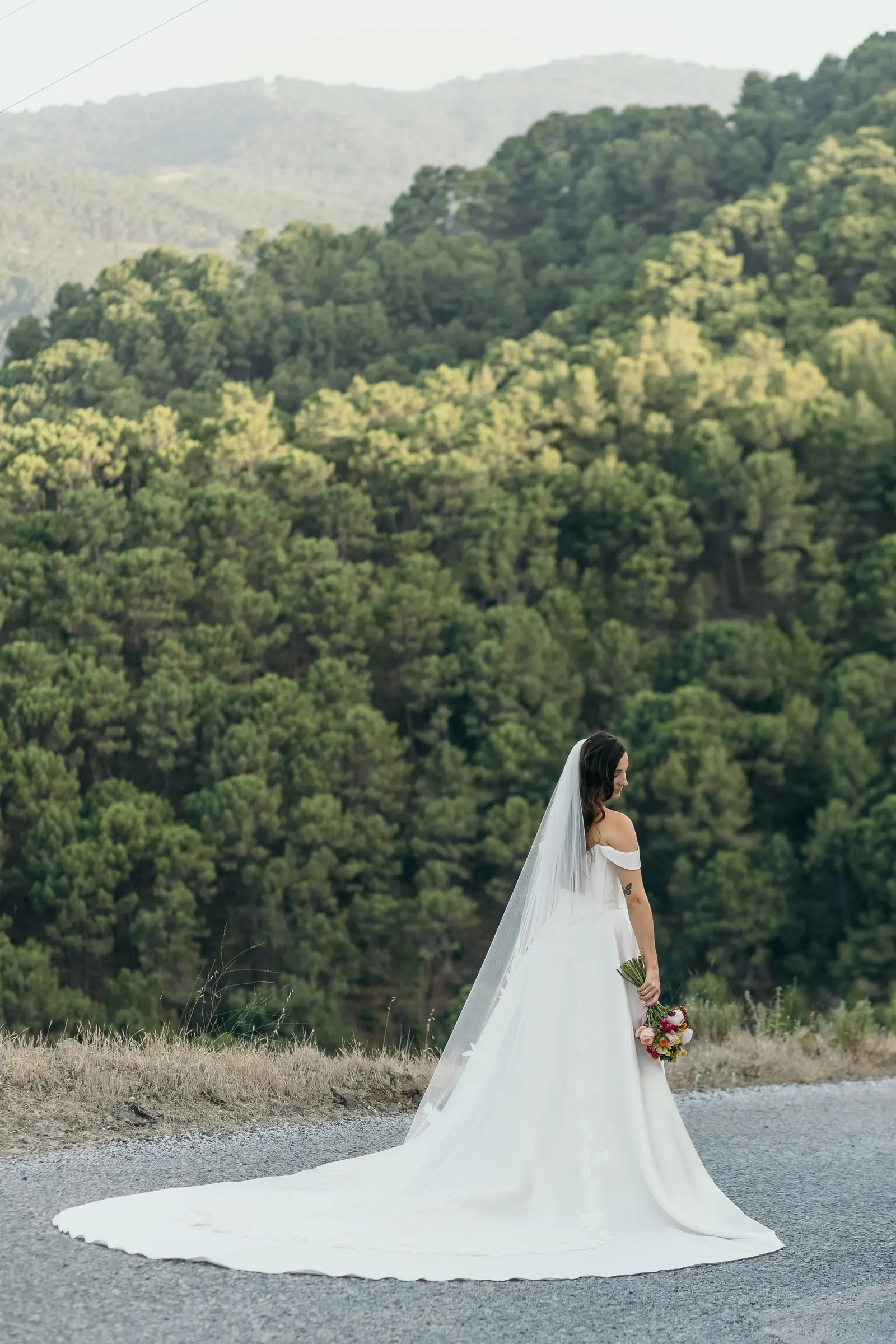 Bride alone on a mountain road with her train spread out and pine forest behind, Costa del Sol