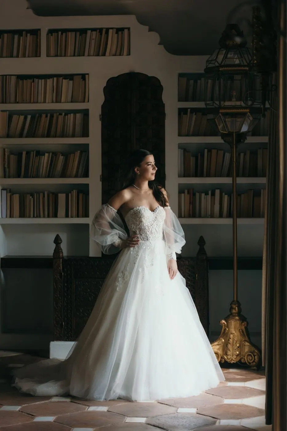 La novia, con vestido palabra de honor, posa junto a las estanterías de una biblioteca, Cortijo San Francisco, Estepona