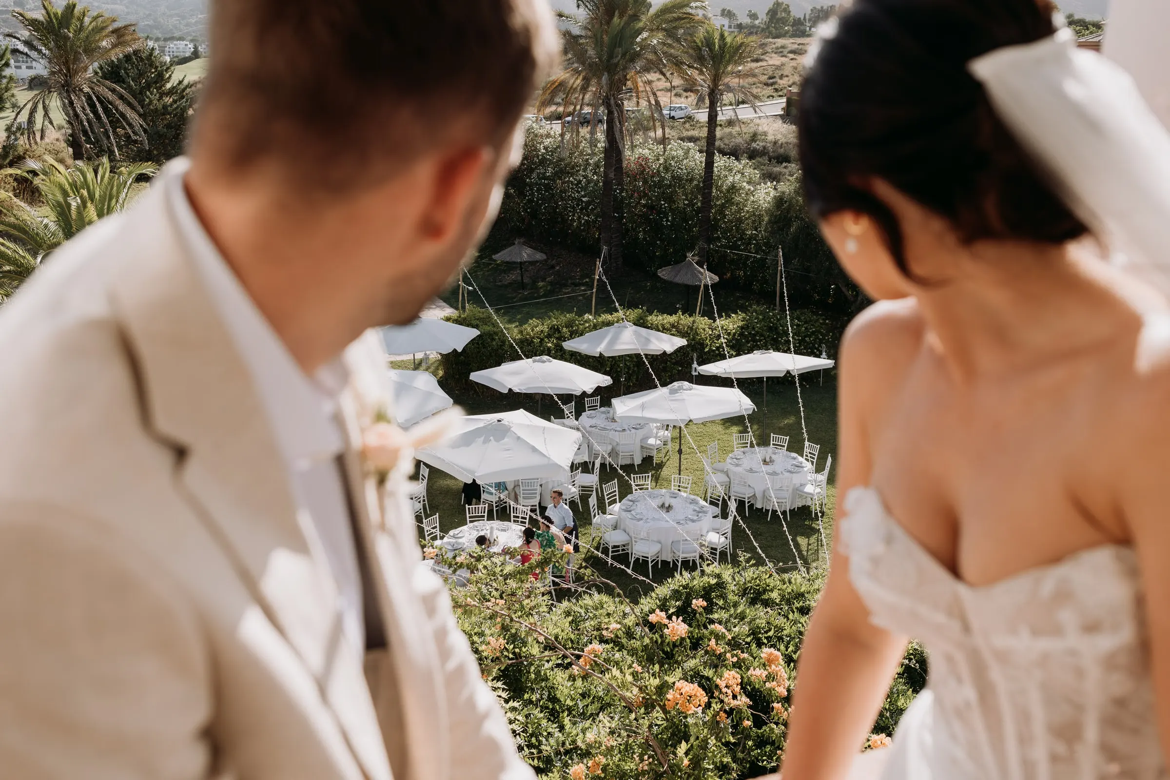 View from the tower over the parasols of the reception below, Hacienda San José