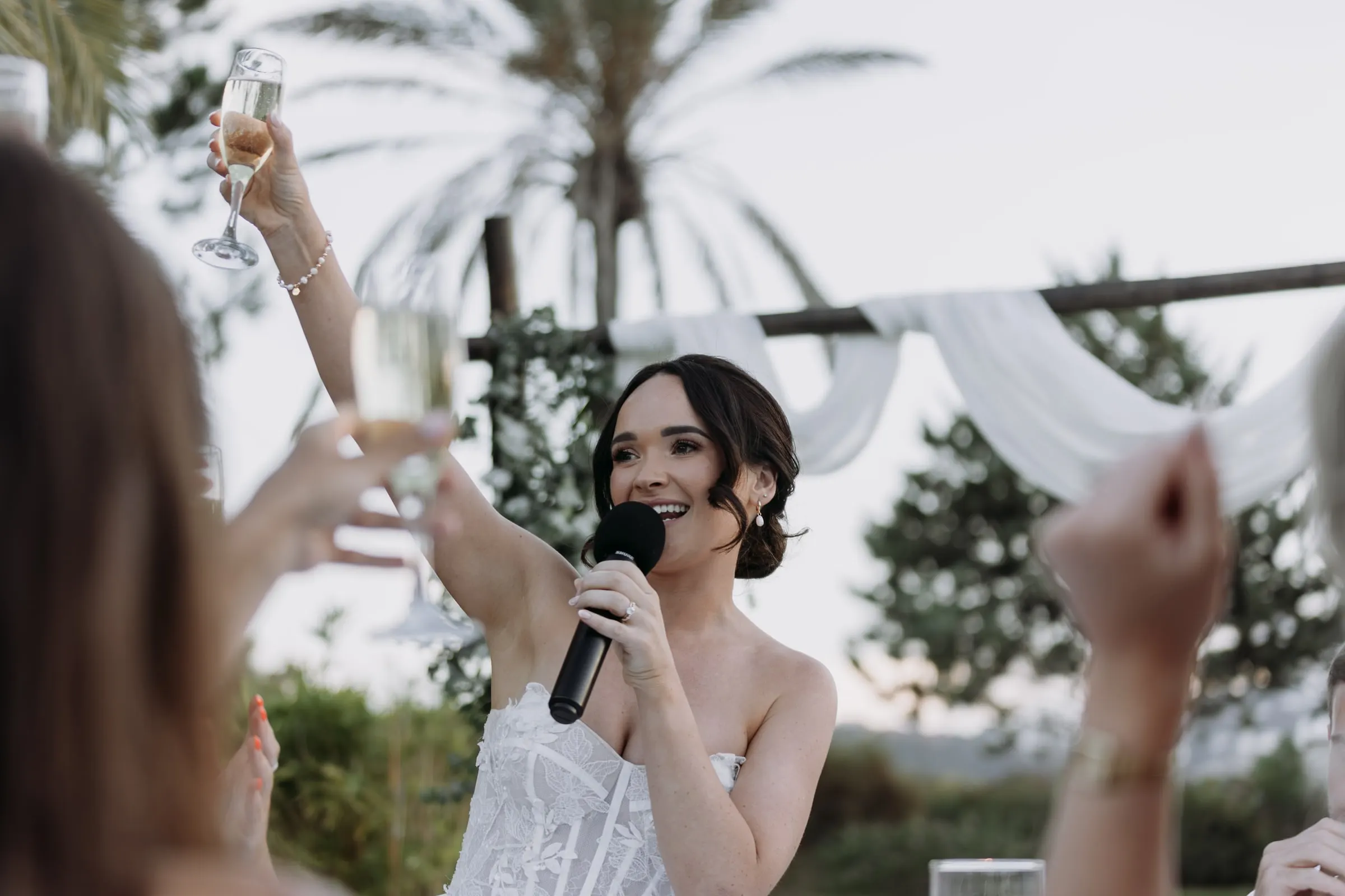 Bride giving a speech with a microphone as guests raise their glasses, Mijas