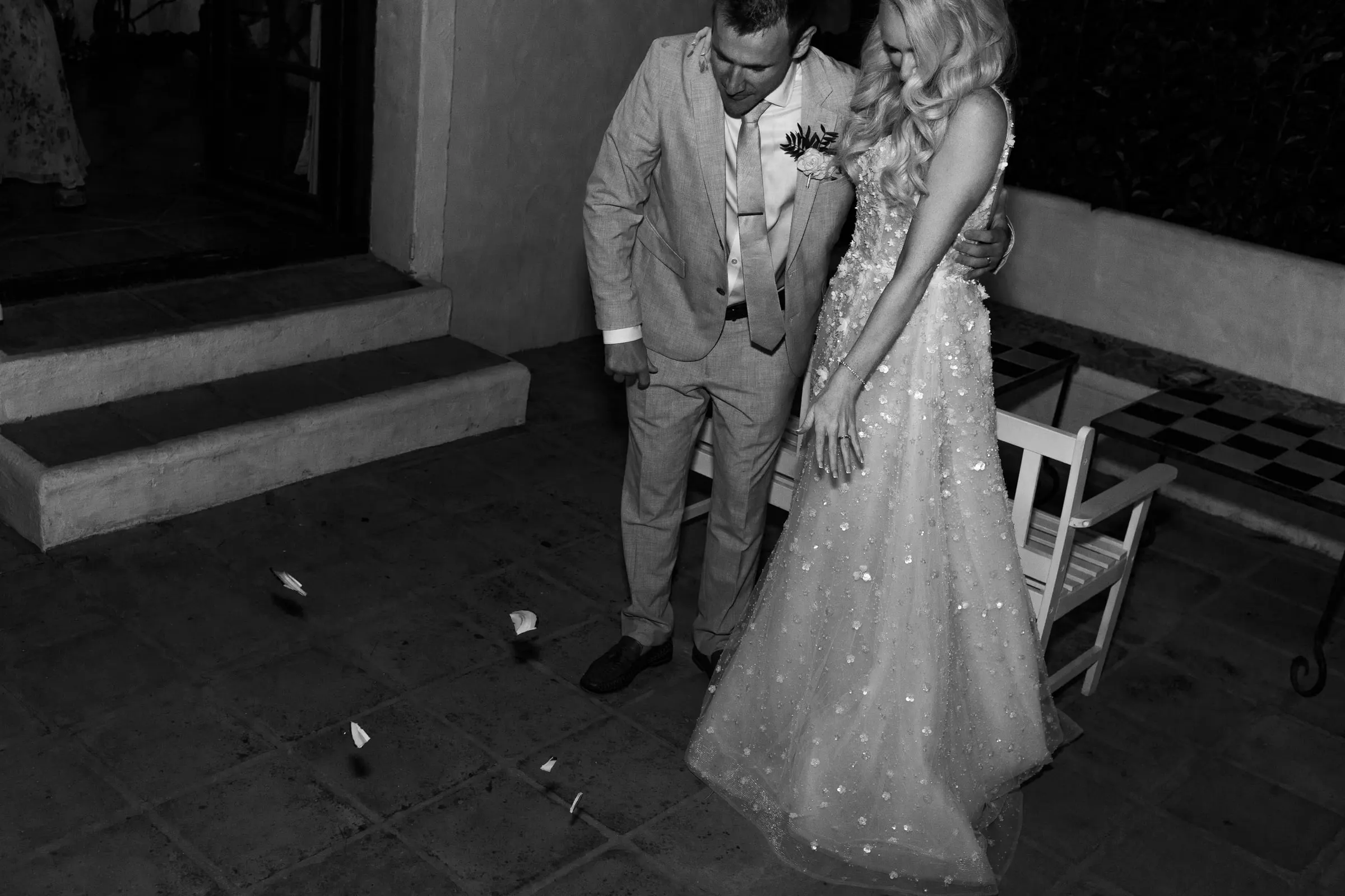 Black and white photo of the first dance on the terrace at Hacienda San José