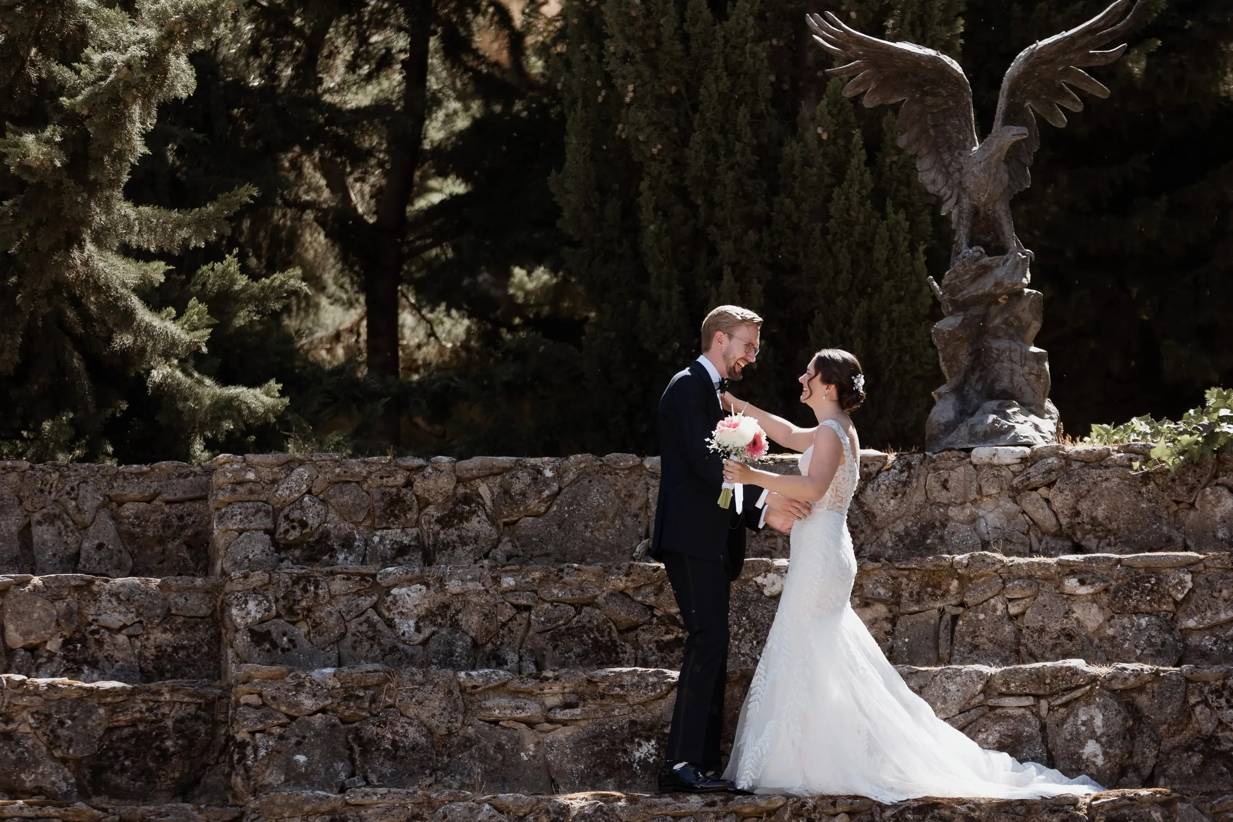 First look on the stone terraces beneath the eagle statue at Los Pilares de Ronda