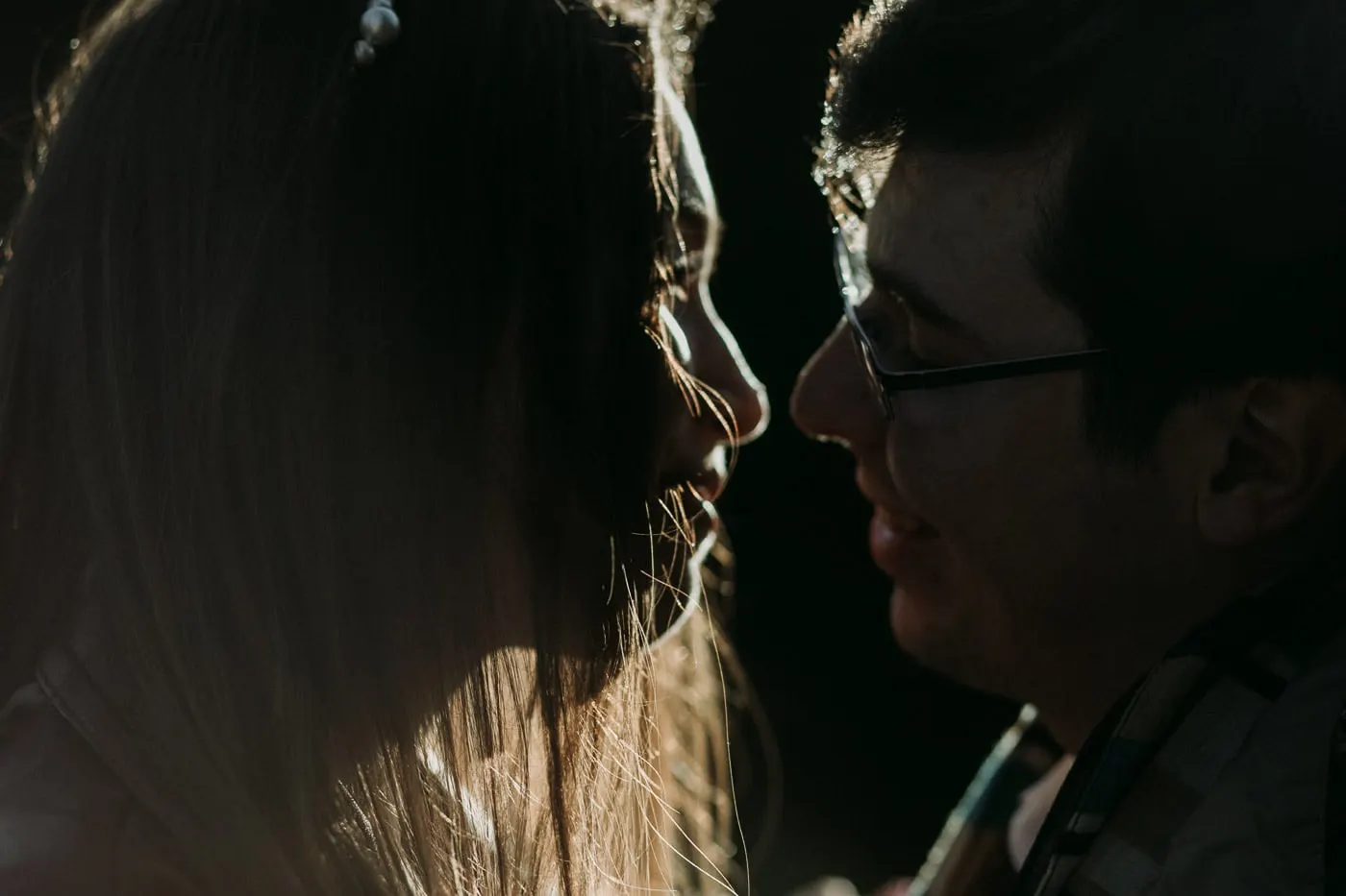 Perfiles de los novios casi rozándose en la sombra
